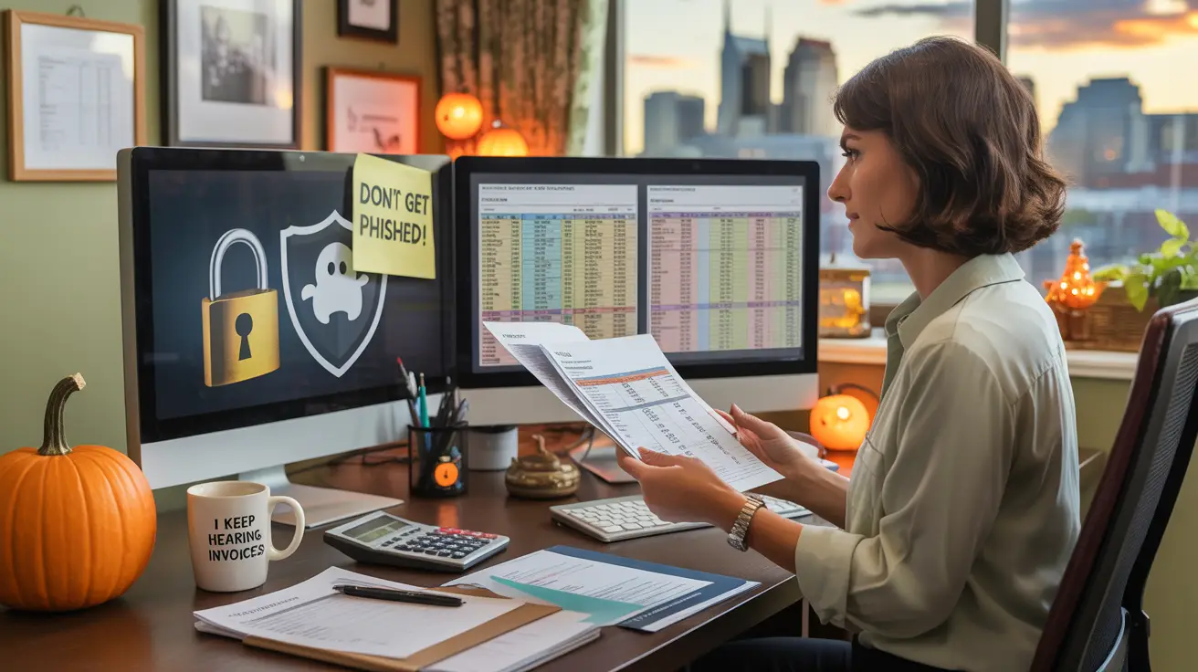 Accountant reviewing financial data in a Nashville office with subtle Halloween décor and cybersecurity symbols, representing safe accounting technology during Cybersecurity Awareness Month.